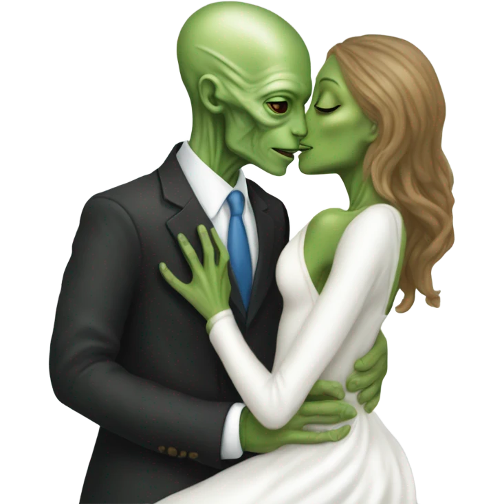 Alien reptilian woman in white dress hugs and kissing "white male human man" emoji