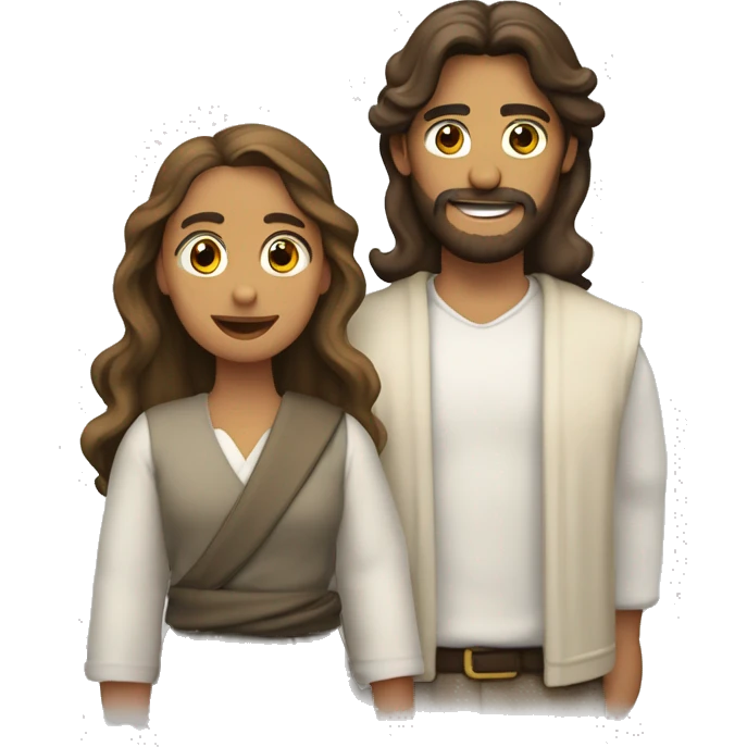 Crea a Jesús abrazado con chica joven castaña ondulada  emoji