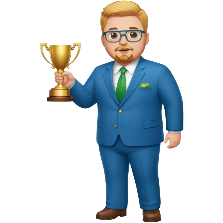 Full Body white fat male  wearing glasses with a goatee with strawberry blond very short hair basketball head Coach in blue and green suit holding trophy emoji