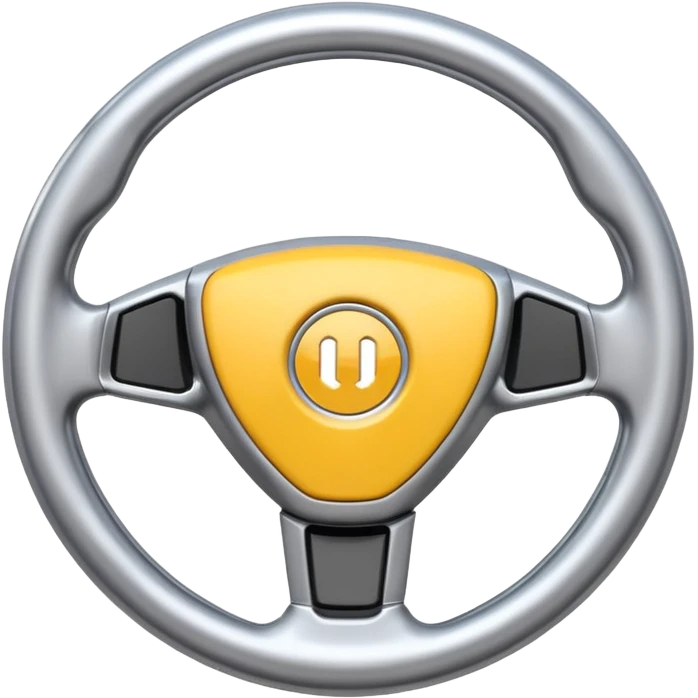 A futuristic steering wheel emoji made of silver chrome, minimal geometric design, smooth metallic surface, soft reflections, iOS emoji style, centered, clean white background emoji