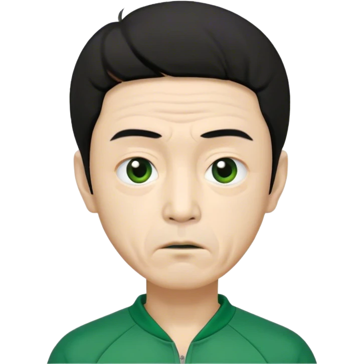 Seong Gi-hun : age 65, skinny and bony face, very small mouth, thick eyebrows deep eyes, unkempt black hair , Green player tracksuit. emoji