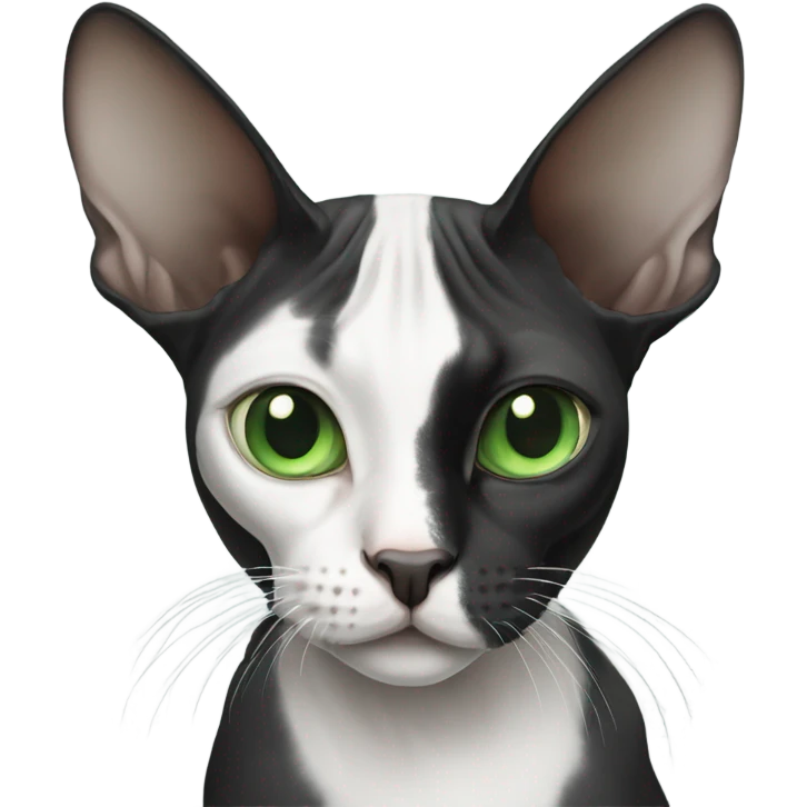 black and white sphinx cat with green eyes and a white spot on the mouth  emoji