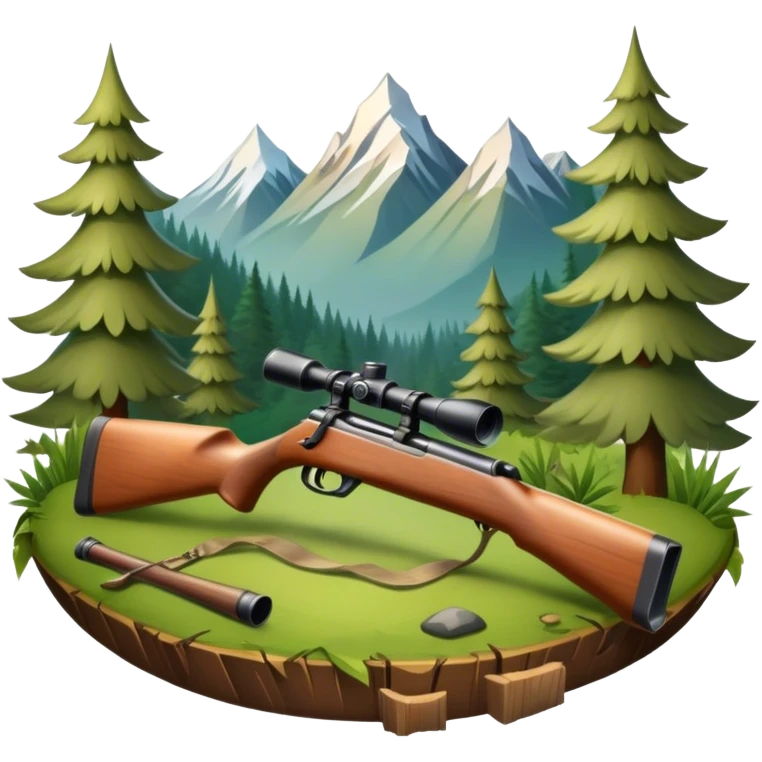 Icon for Hunting Tourism: hunting rifle, surrounded by nature elements like trees, mountains, and wildlife tracks. The icon should represent the adventure and exploration of hunting tourism. Transparent background. emoji