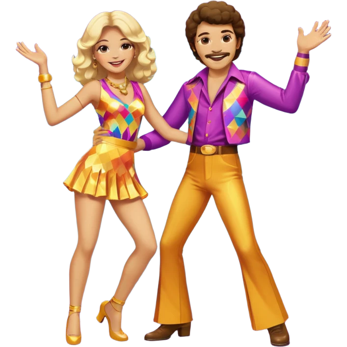 hombre y mujer bailando con ropa de disco de los 70s emoji