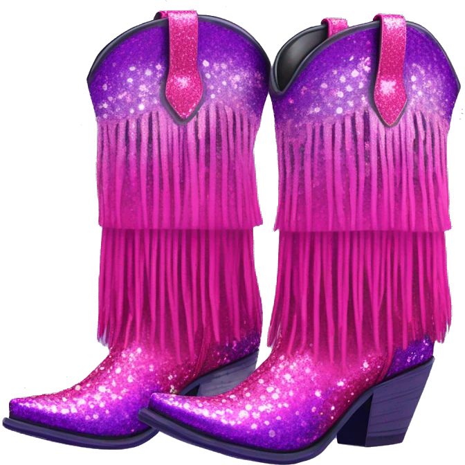 Realistic hot pink to purple ombre leopard print pair of fashion cowgirl boots with sparkly shiny glitter fringe on them. emoji