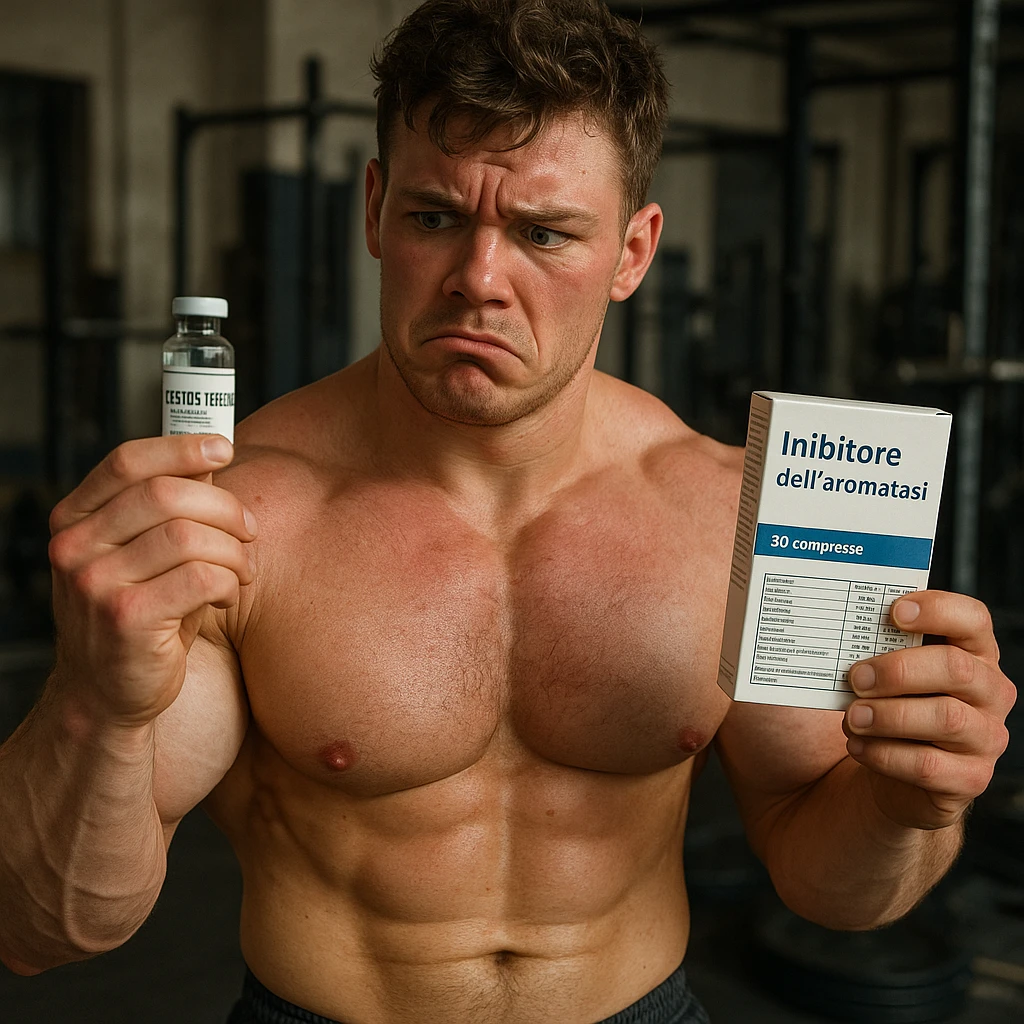 realistic young bodybuilder in gym holding a vial labeled 'Testosterone' and a box labeled 'Inibitore dell'aromatasi', all text and tables in Italian, doubtful expression, swollen muscles but red skin, messy gym background, 4K quality emoji
