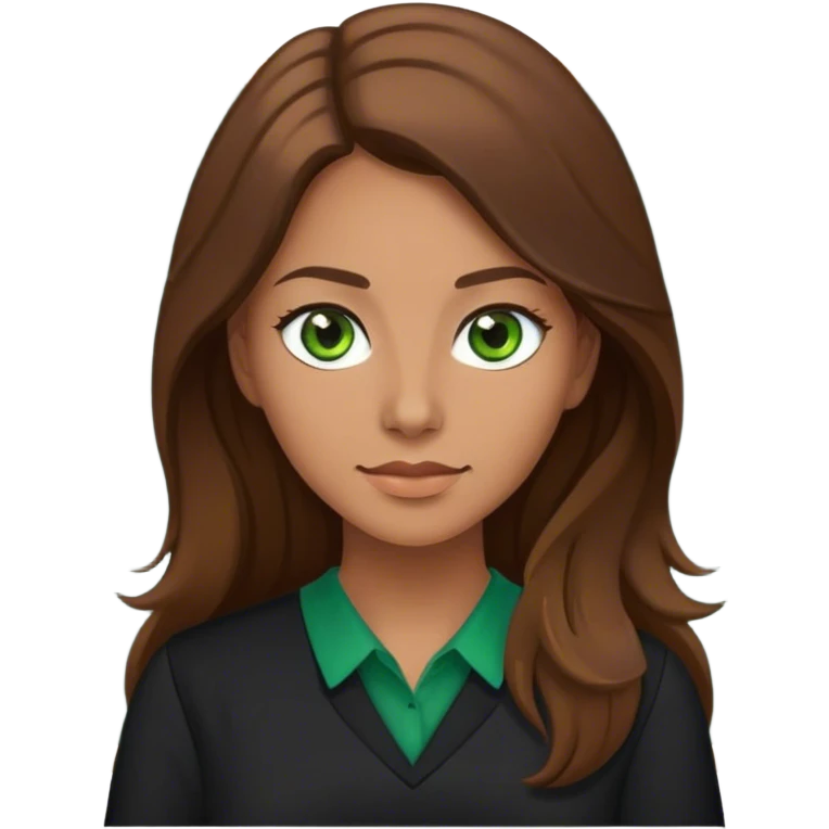  female teacher in black blouse with long Brown hair and Green eyes emoji