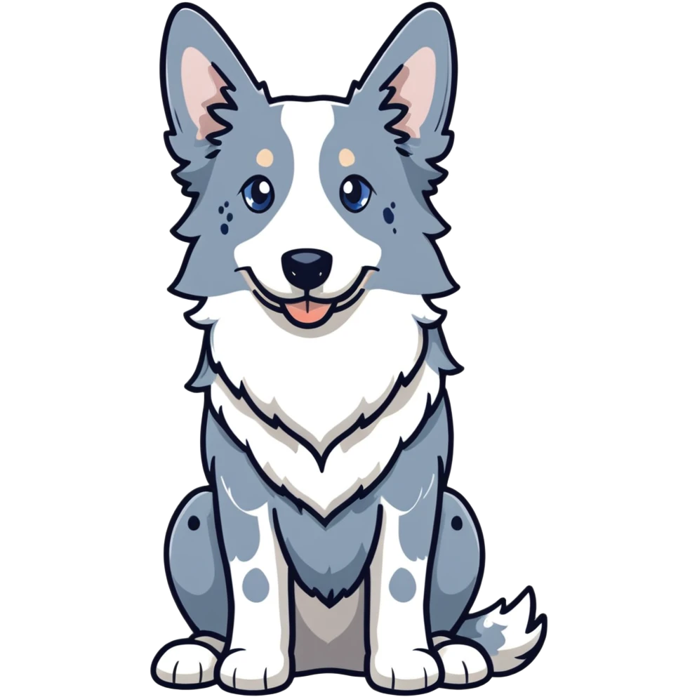 A merle border collie dog sitting, with blue and gray spotted coat, alert ears, and friendly expression emoji