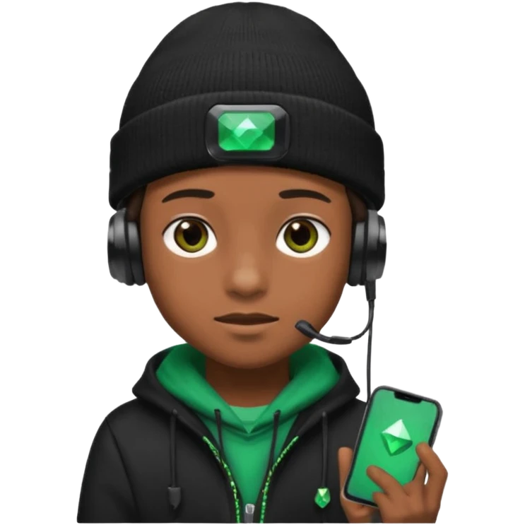garcon avec un bonnet noir avec un emeraude dessus et un casque gaming emoji