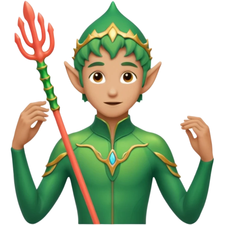 male elf in iridescent wetsuit, coral staff. Gills on neck legolas emoji