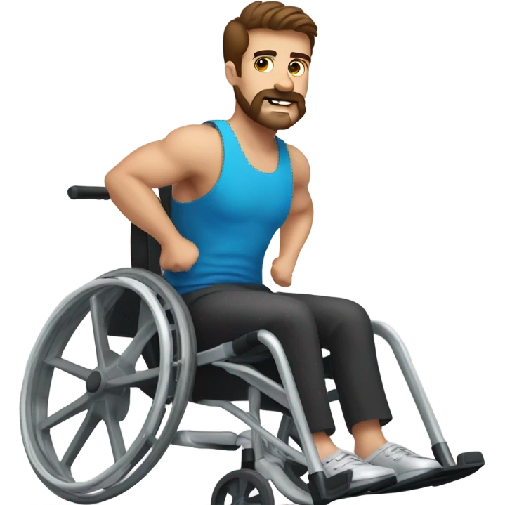 Wheelchair guy working out with brown hair, brown eyes and brown mustache  emoji