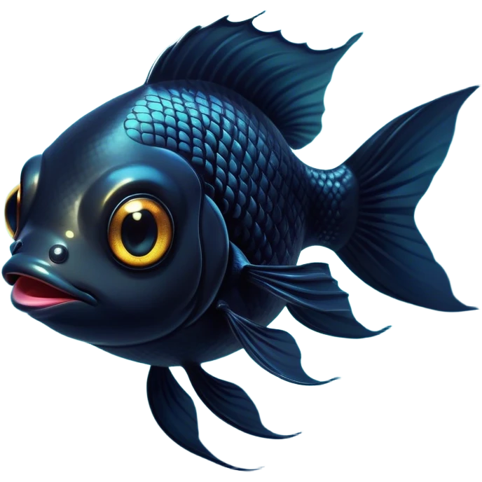 Cinematic Cute Black Goldfish Portrait Emoji, Head tilted playfully and inquisitively, featuring a glossy, deep black body with shimmering scales and round, sparkling golden eyes filled with curiosity, Simplified yet irresistibly adorable features, highly detailed, glowing with a warm, friendly glow, high shine, affectionate and lively, stylized with a touch of whimsy, bright and endearing, soft glowing outline, capturing the essence of a mischievous yet loving goldfish, so playful it feels like it could swim out of the screen and into your heart! emoji