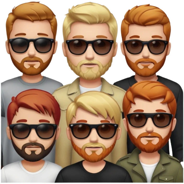 5 blanke mannen 1 met blond haar en een zwarte zonnen bril 2 met blond haar 3 rood haar en een klein mini baardje 4 bruin haar en een baard 5 bruin haar alleen gezichten emoji