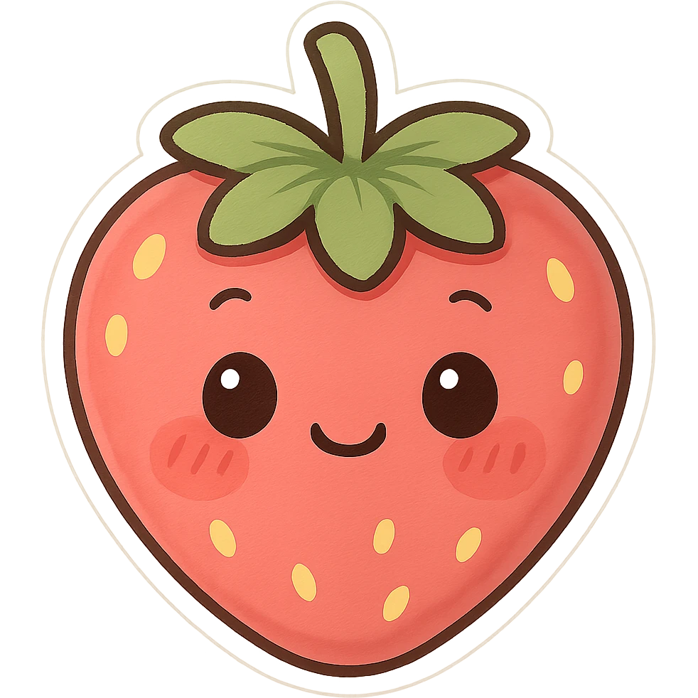 chibi sticker of a blushing strawberry with a cute face emoji