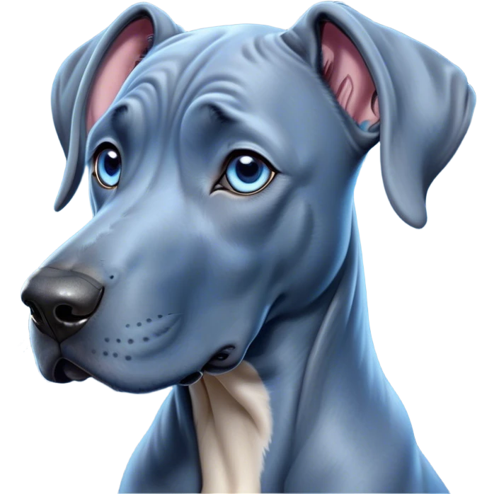 Cinematic Cute Blue Great Dane Portrait Emoji, Head tilted playfully and inquisitively, featuring a glossy blue Fur with a refined sheen, round, sparkling steel-blue eyes filled with curiosity, Simplified yet irresistibly adorable features, highly detailed, glowing with a warm, friendly glow, high shine, affectionate and gentle, stylized with a touch of whimsy, bright and endearing, soft glowing outline, capturing the essence of a mischievous yet loving pup, so playful it feels like it could lumber out of the screen and into your arms! emoji