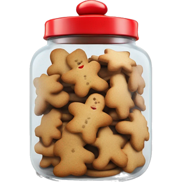 Realistic glass cookie jar with red lid full of gingerbread cookies isolated. emoji