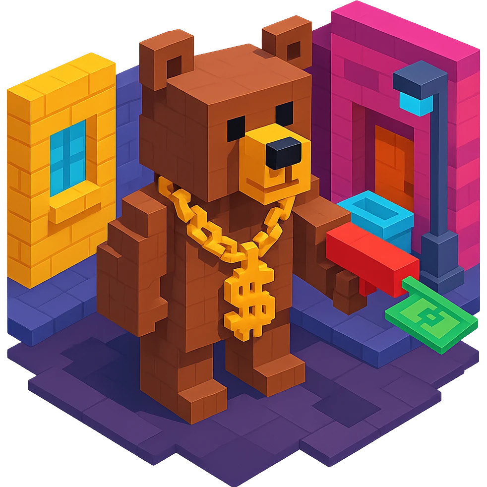 Russian grizzly bear with a rapper chain and a money gun, standing in a city alley emoji