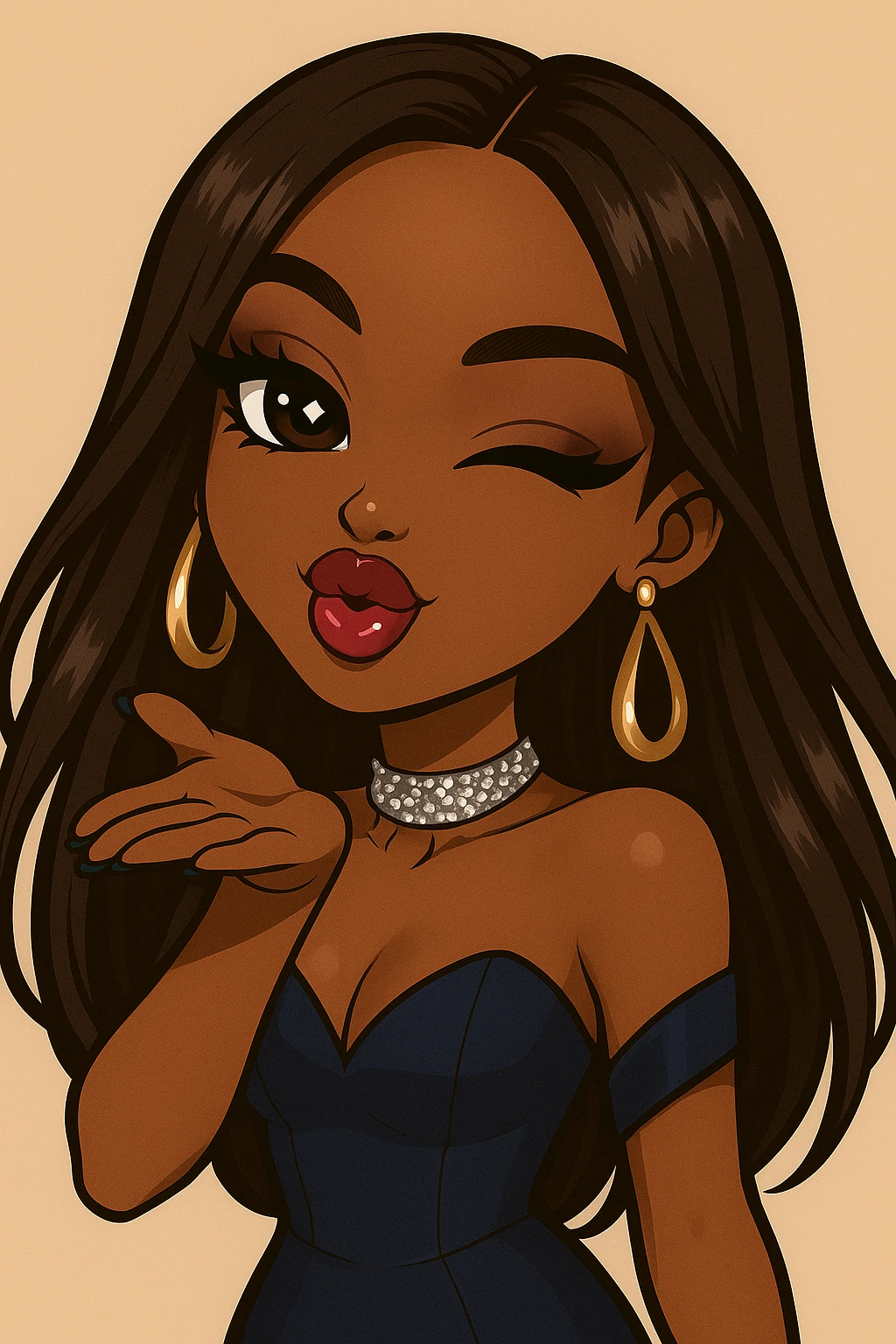 Make her wink while blowing a kiss, headshot only, keep her as a 20-year-old anime Bratz style woman with dark skin, dark hair, glamorous evening wear, big expressive eyes, glossy lips, and a happy expression. No tears. emoji