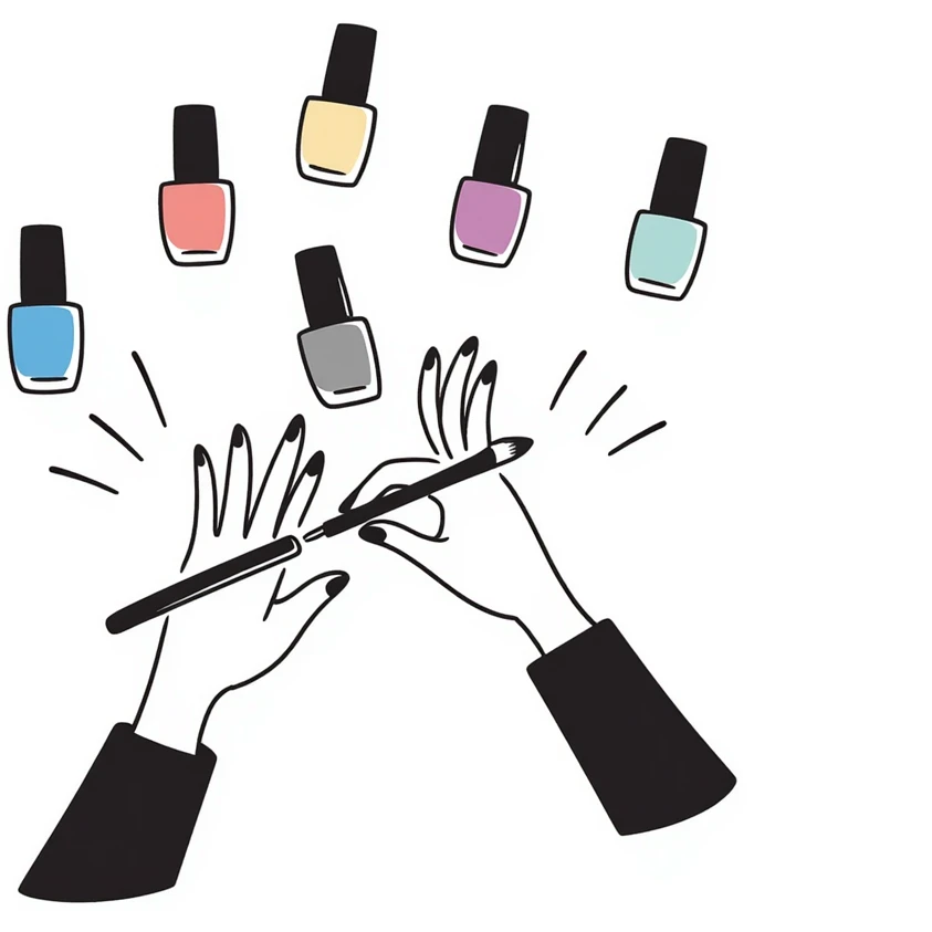 manicure scene with hands, painted nails, and nail polish bottles in pastel colors dd9fb0, ffc6d3, a3bfc9, c4bee2, f1b091, hand-drawn doodle style emoji