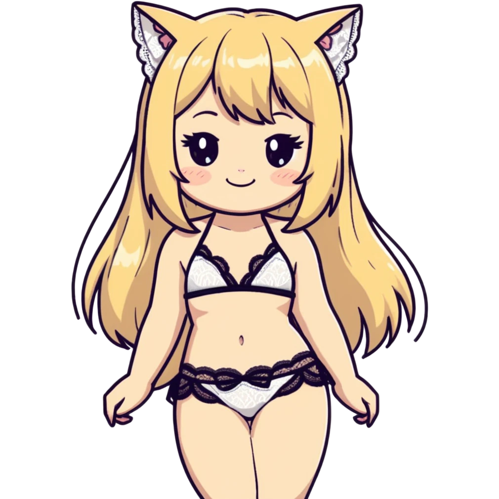 flirty petite blonde catgirl soft body long hair freckles shy lace white bikini tight waist wide hips realistic portrait emoji