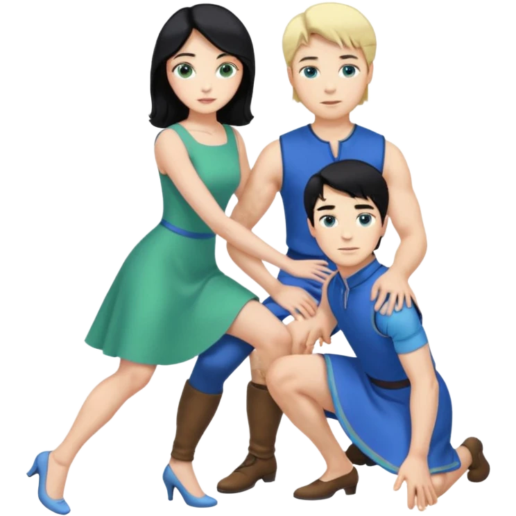 prince, upright, black Hair, blue eyes, blue garment,  Woman, blonde Hair, Green eyes, bending knee, sleveless White Dress, emoji