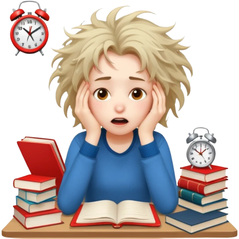 A student girl is sitting in a panic and chaos. On the table, there are a bunch of books, notebooks, and a phone with a red alarm clock on the screen. emoji