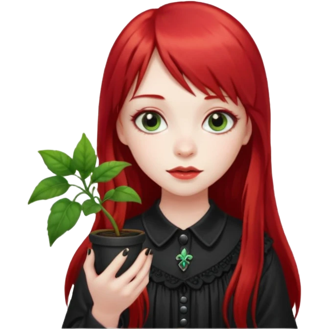 a gothic girl with long red hair and bangs holding a lucky pin and plant emoji