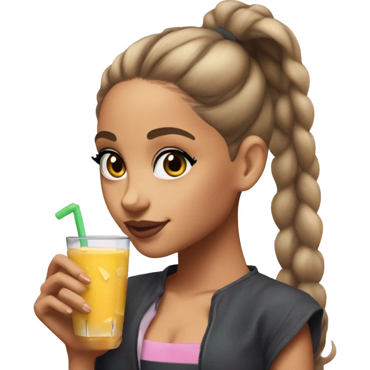 ariana grande with a high ponytail holding a glass of juice and a cookie  emoji
