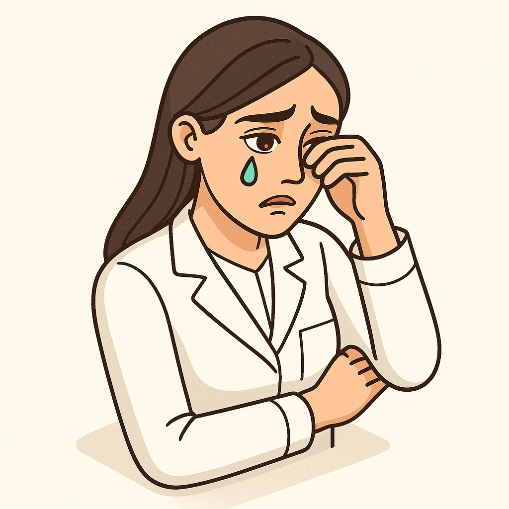 A 2D isometric style illustration of a female doctor with dark long straight hair and detailed brown eyes (not just dots), wearing a white coat, on a minimalist background. She is crying and wiping a tear, with expressive pose and emotion, matching the appearance of the second previous variant. emoji