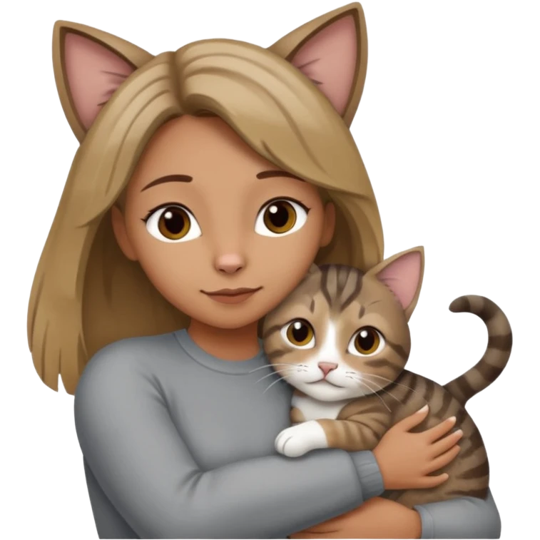 Une femme avec les cheveux dégradée, brun et blond, qui fait un câlin à son chat gris, tigré avec les extrémités que pattes pointe d’oreilles noires et le dessous du menton blanc emoji