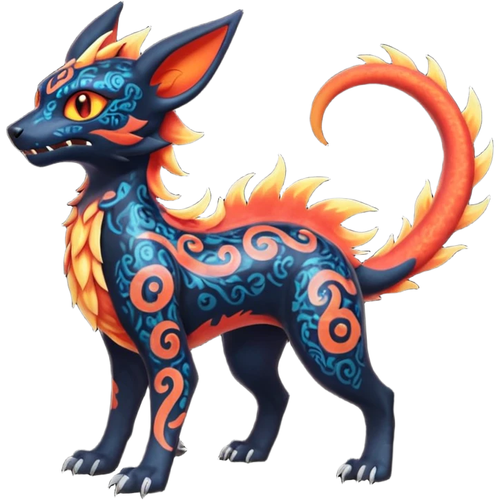 Shiny Fiery Dark Ugly Evil Realistic Glowing Eldritch Horror Cool Edgy Badass Emo Demonic Batty Dusky Ethereal Punky Aural Fluorescent Bioluminescent Hideous Canine-Litten-Amaura-Salandit-Noibat-Flareon-Fakémon-fusion (full body) with intricate pattern markings emoji