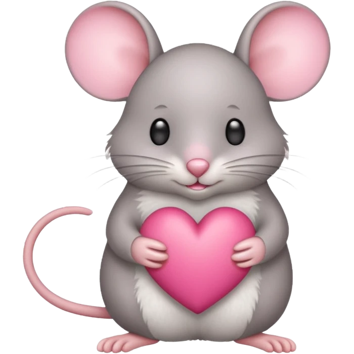 A light gray mouse holds a pink heart in its paws. emoji