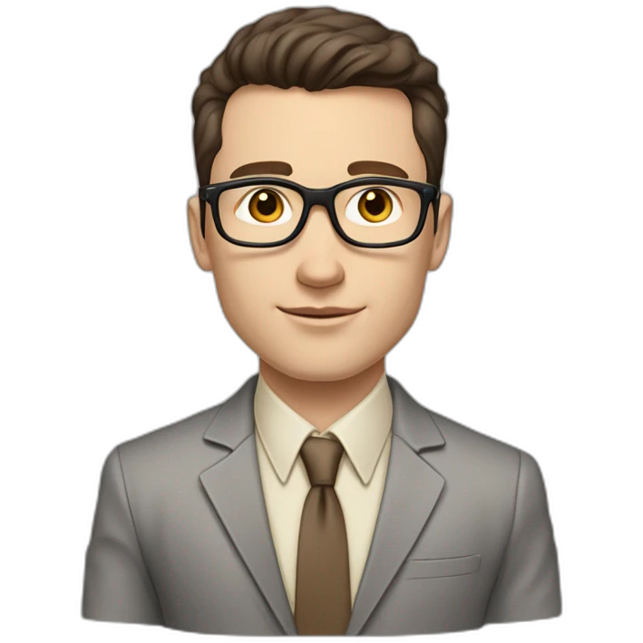 Pale skinned fit man with dark brown hair in gray jacket, beige office shirt, brown tie, brown pants and vintage glasses Writing on the marker board emoji