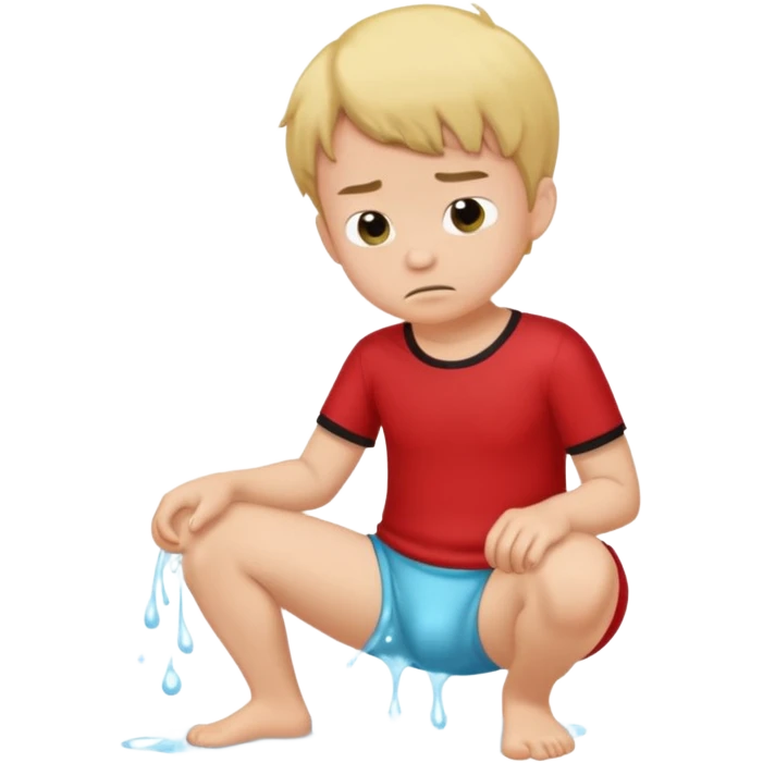 A boy squating down pooping on his wet stinky underwear with a red shirt emoji