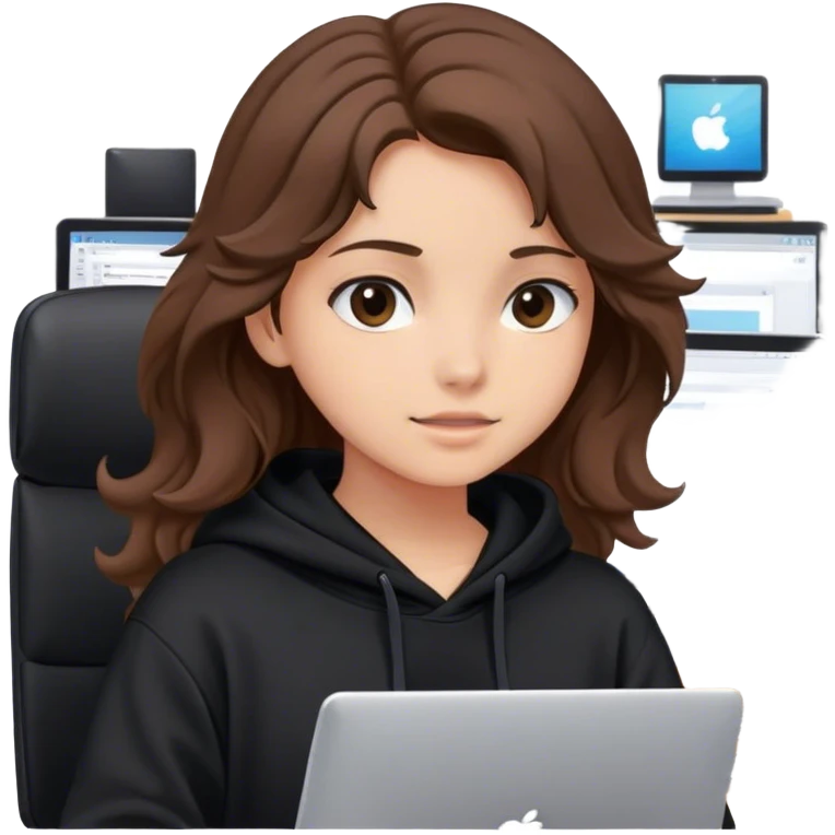 Girl with wavy brown hair wearing a black hoodie holding the computers, setting in her office  emoji