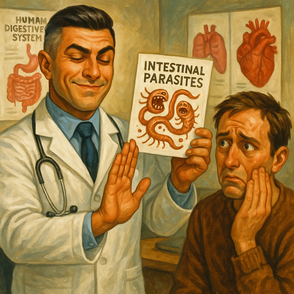 Create a semi-realistic or expressive style image of a male doctor inspired by the reference image, wearing a white coat. The doctor is ignoring a report with intestinal parasites, making a dismissive gesture. The patient has an anxious expression. The setting is a doctor's office with posters. The atmosphere is critical and ironic. emoji