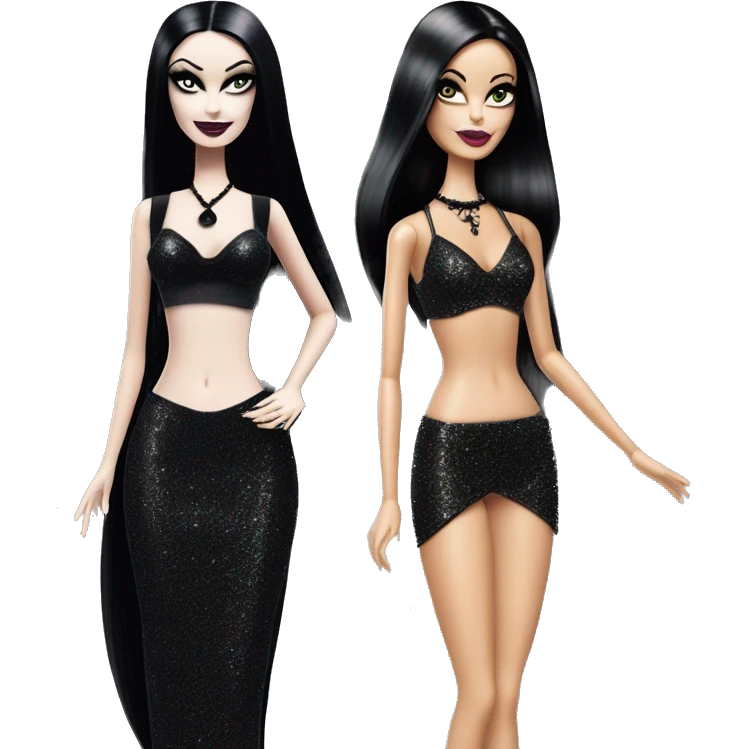 Teen Morticia Addams. Gothic bikini glitter Barbie  emoji