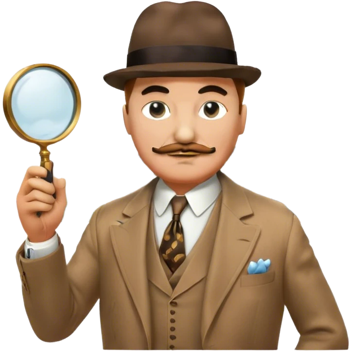 A cinematic-style frame showing Hercule Poirot in his iconic suit with a magnifying glass in a dramatic detective pose. Background should be mysterious city background and subtle clues like fingerprints or a crime scene. Transparent background. emoji
