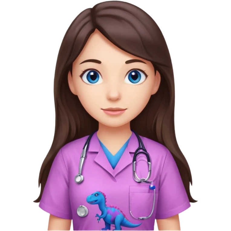 pretty brunette nurse with long hair and blue eyes in pink and purple dinosaur pattern scrubs emoji