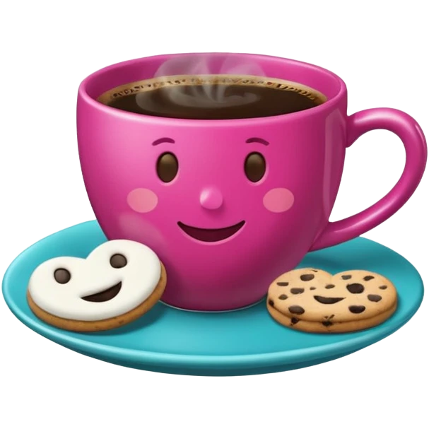 cup of coffee, steaming, the smoke should come out in the shape of a heart, the color of the cup is fuchsia, the cup has a happy face printed on it, the cup rests on a turquoise blue plate, and there are cookies and sugar cubes around the cup. emoji
