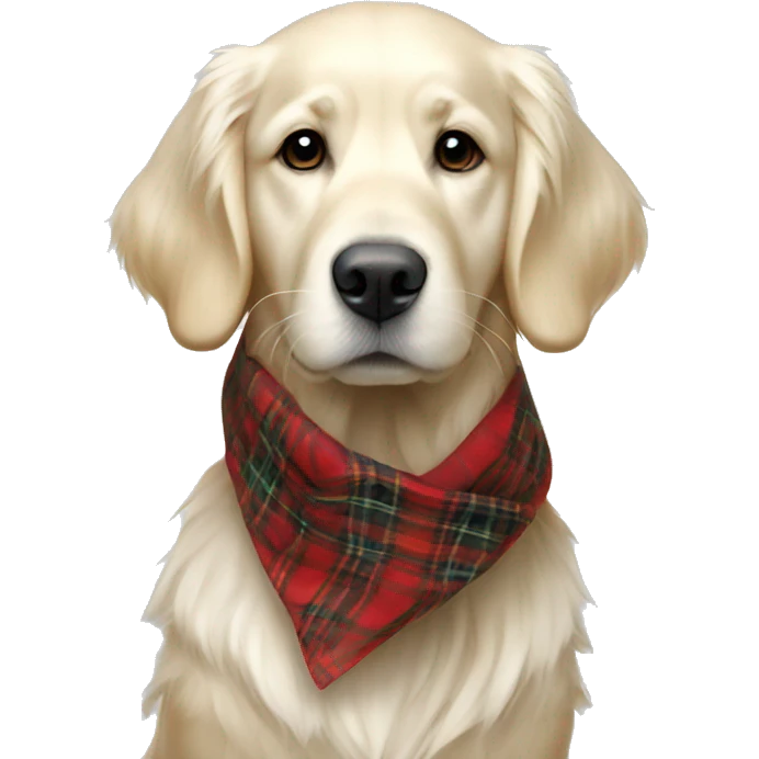 White golden retriever wearing a red plaid scarf emoji