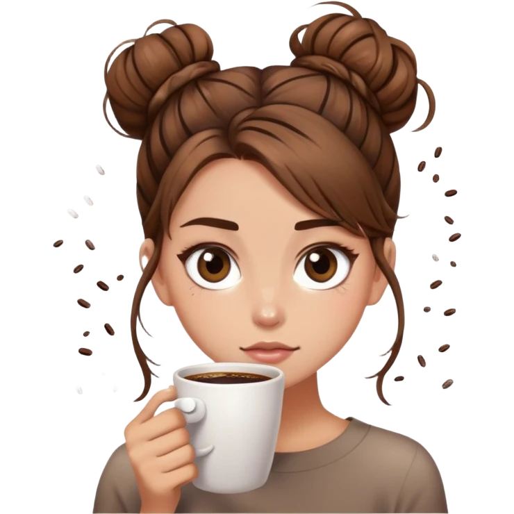 girl with long brown hair with messy bun, too much coffee, chaotic sparkle eyes emoji