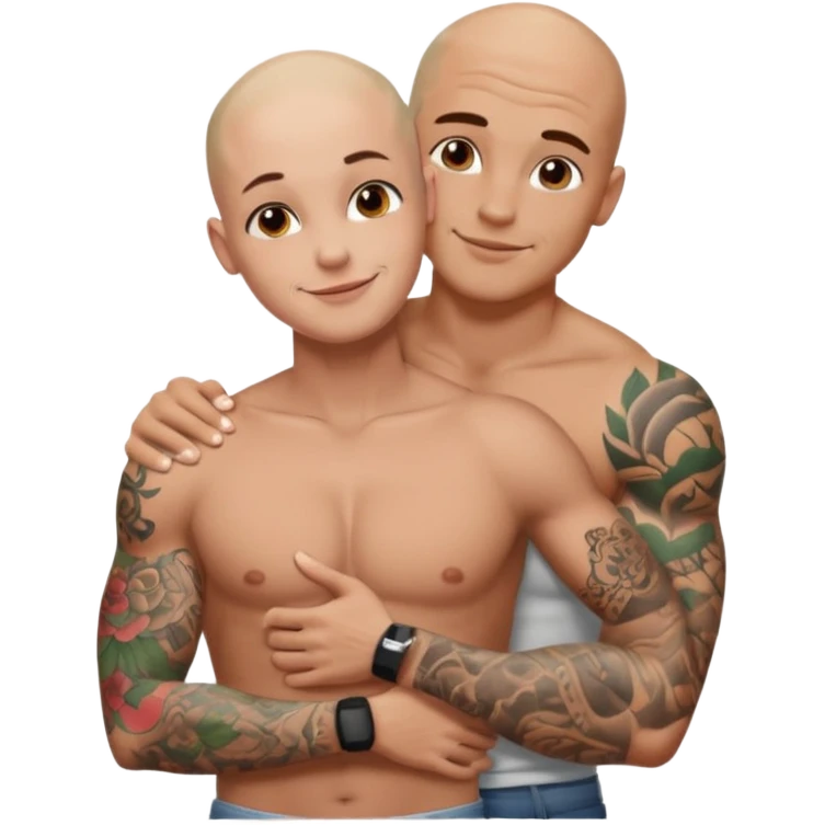 throuple tattooed sleeves bbald male with topless naked big boobed brunette and topless naked big boobed blonde girlfriends  loving  and sexy polygamy emoji