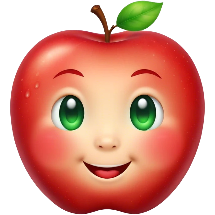 Cute Kawaii Apple, round and plump, bright shiny red with a tiny green leaf, chubby cheeks, sparkling eyes, a happy smile, soft glowing highlights, radiating fresh sweetness! emoji