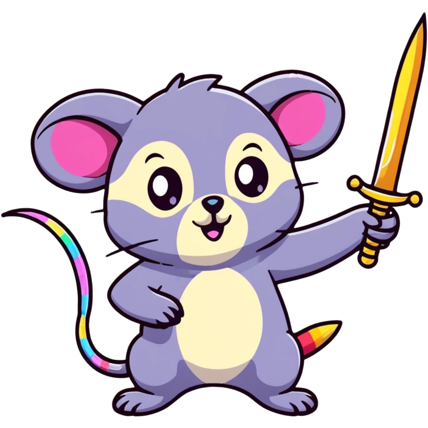 A colorful possum holding a glittery sword, rainbow sparkles, vibrant neon colors, cute big eyes, with stars and hearts background emoji
