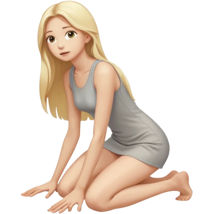 a young thin woman, kneeling on the floor, long hair, blonde, naked, looking up, blowjob ready, hand behind back emoji