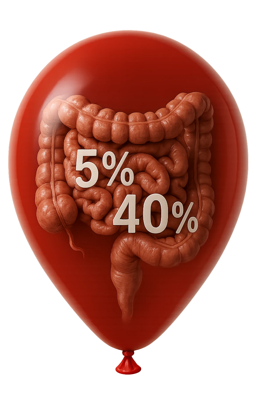 intestino umano anatomico chiuso in un palloncino rosso con la scritta 5% e 40% dentro insieme all'intestino, iperrealistico 4k emoji