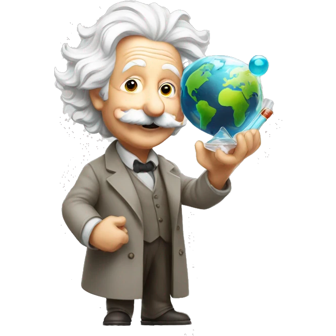 happy albert einstein holding earth in one hand in another test tube emoji