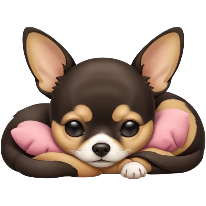 A high-resolution photo-realistic digital illustration of a cute  black with a bit of tan chihuahua with eyes closed shut sleeping lazily on the ground emoji