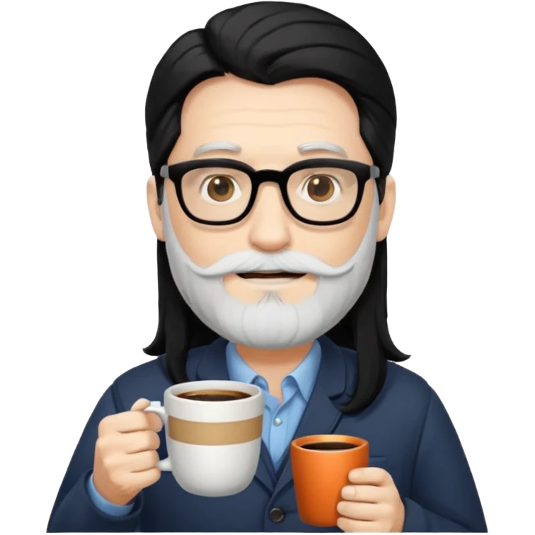 men with white bearded long black hair  with opticals  on holding coffee emoji